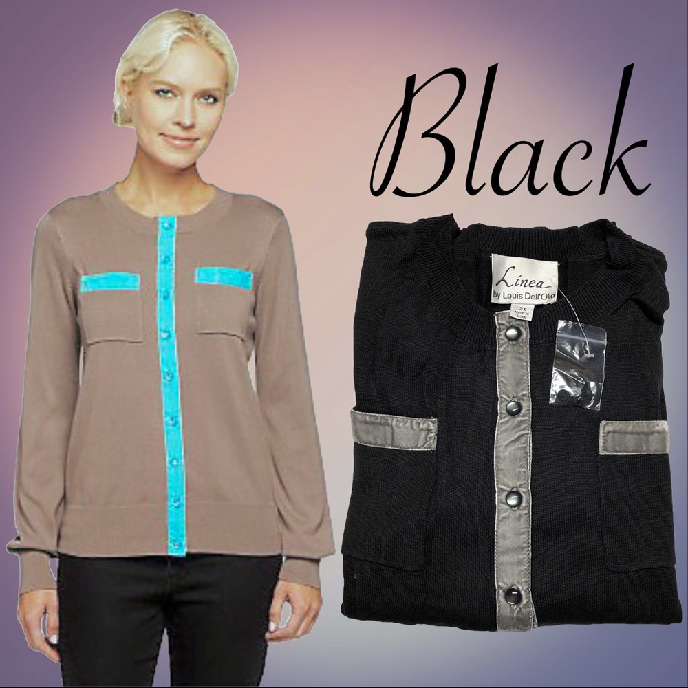 Crew Neck Velvet Trim Cardigan, NWT 2X Black